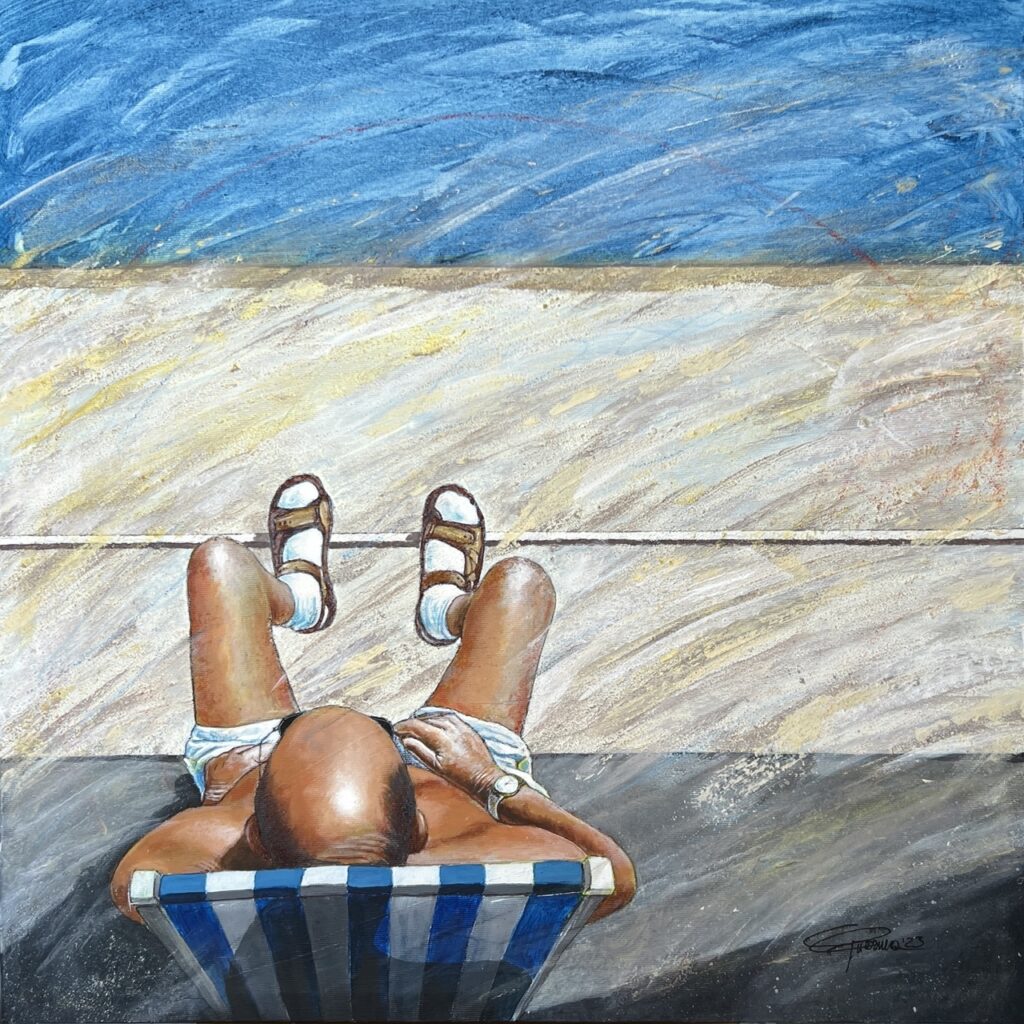 Calzini bianchi al sole - acrilici, sabbia e pastelli su tela - 60 x 60 cm - 2023
