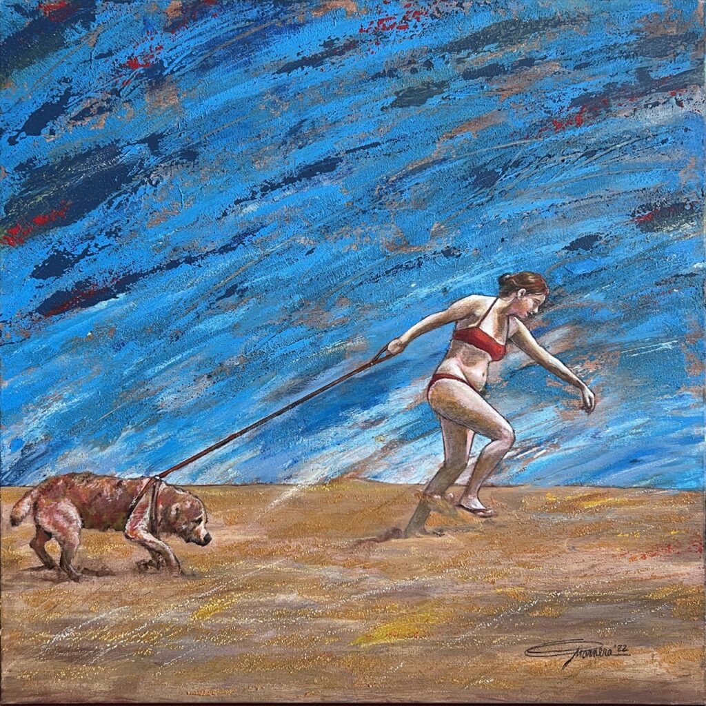 Red e la ragazza con il costume rosso - acrilici, pastelli e sabbia su tela - 60x60 cm - 2022