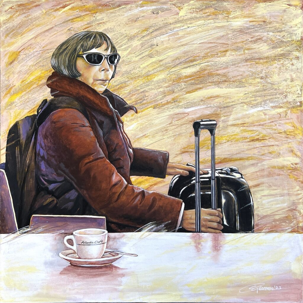 L'attesa, all'Atlantic Cafè - tecnica mista su tela - 70 x 70 cm - 2023