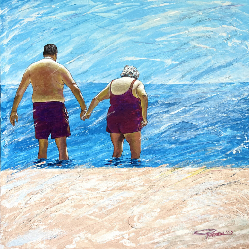 Al mare in pendant - acrilici, pastelli e sabbia su tela - 60x60 cm - 2023