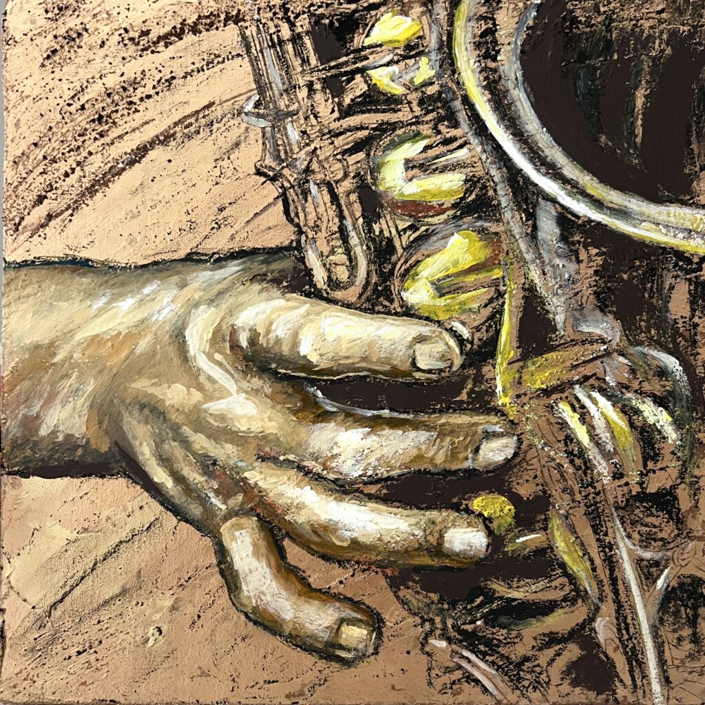 L'ottone e il poeta 2025 - Tecnica mista su tavola, 25x25cm